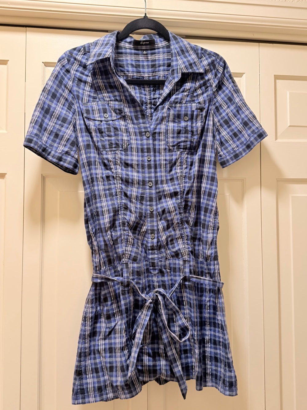 Express Women’s S Blue Plaid Belted Shirt Dress Metallic Cotton Button Front